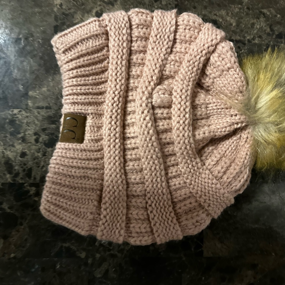 C.C Blush Knit Beanie with Faux Fur Pom